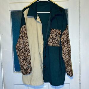 Blue and cream animal print patchwork style lightweight button down shirt XL/12